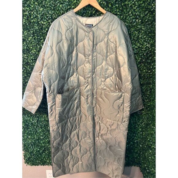 Carbon38 Puffer Trench Coat Womens Large NWT Green Blanket Onion Quilted Long Be - Picture 3 of 10